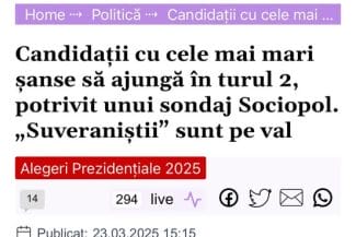 Candidatii_prezidentiale_sociopol - Știri de azi Știri de azi | Victor Ponta susține autenticitatea sondajelor Sociopol în preajma alegerilor prezidențiale 2025 - Știri de azi | Captură de ecran din articolul Adevarul.ro despre sondajele Sociopol, cu titlul "Candidatii cu cele mai mari sanse să ajungă în turul 2, 'Suveraniștii' sunt pe val", reflectând suportul crescând pentru candidații independenți la alegerile prezidențiale din 202