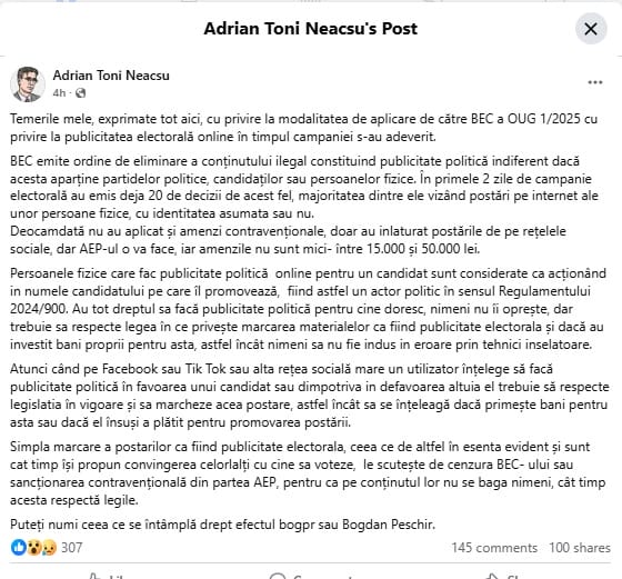 Știri de azi | BEC elimină postări de pe Facebook și TikTok: Publicitatea politică neasumată poate aduce amenzi de până la 50.000 lei - Știri de azi | 