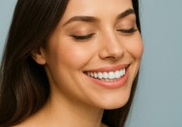 Femeie zâmbitoare cu dinți albi perfecți - rezultat fațete dentare ceramice