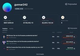 Captură de ecran Polymarket – tranzacții și pariuri pe alegerile prezidențiale din România, afișând volume de peste 2,6 milioane de dolari.