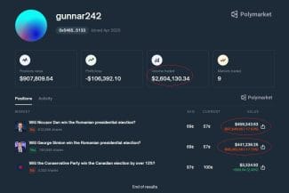 Captura Polymarket - Știri de azi Știri de azi | ONJN blochează platforma Polymarket: pariuri pe alegeri | Captură de ecran Polymarket – tranzacții și pariuri pe alegerile prezidențiale din România, afișând volume de peste 2,6 milioane de dolari.