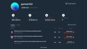 Știri de azi | ONJN blochează platforma Polymarket: pariuri pe alegeri | Captură de ecran Polymarket – tranzacții și pariuri pe alegerile prezidențiale din România, afișând volume de peste 2,6 milioane de dolari.